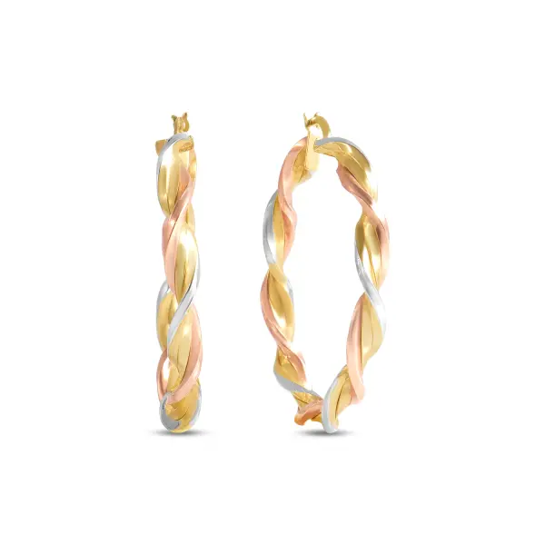 Cercei aur galben si alb 14K rotunzi impletiti Golden Weave Harmony