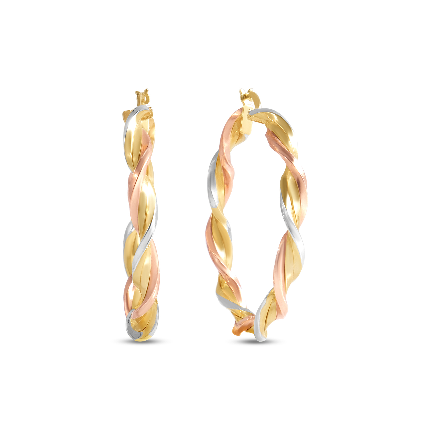 Cercei aur galben si alb 14K rotunzi impletiti Golden Weave Harmony