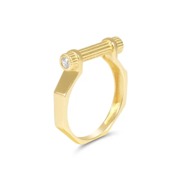 Inel aur 14K cu detalii striate si piatra Zirconia Radiant Grace