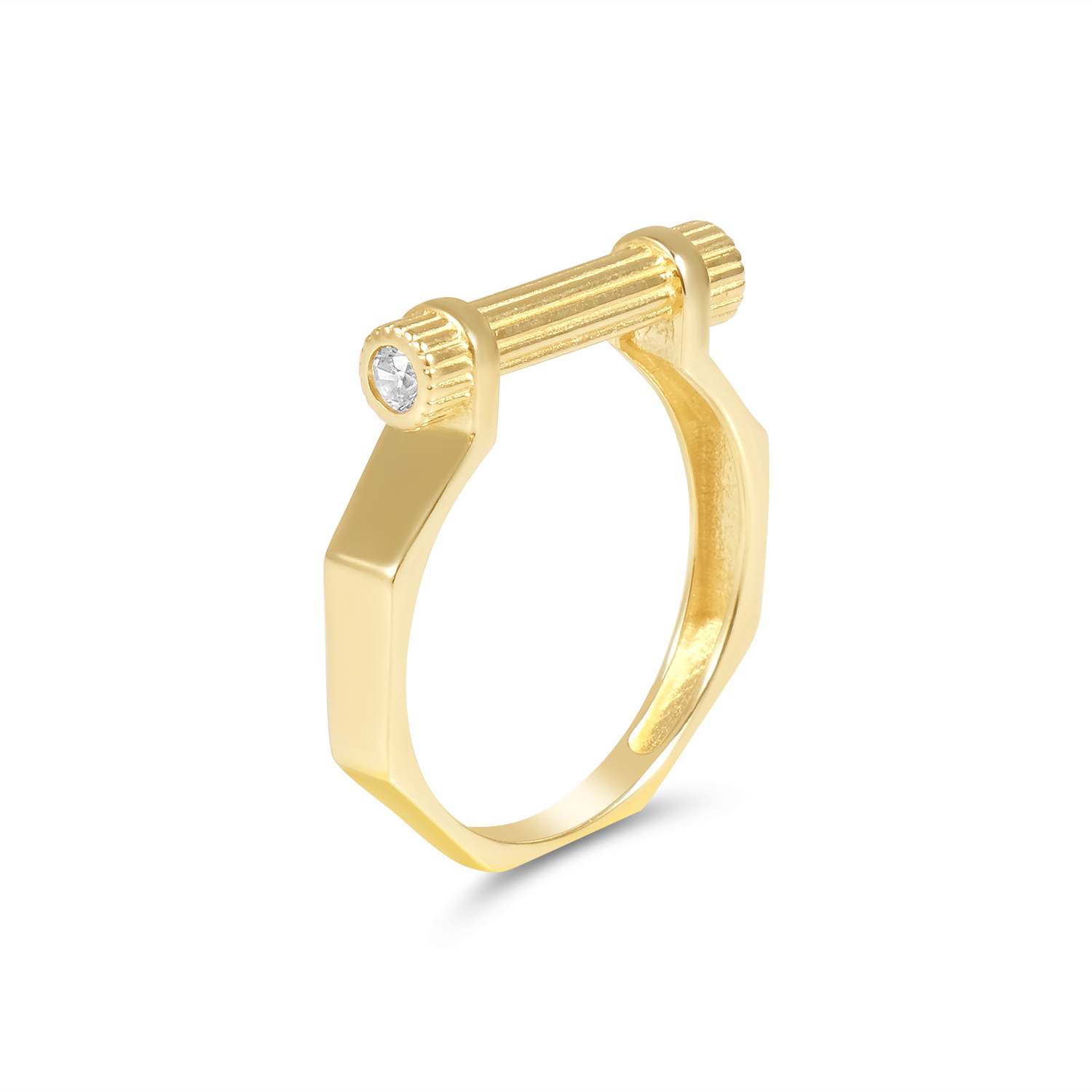 Inel aur 14K cu detalii striate si piatra Zirconia Radiant Grace