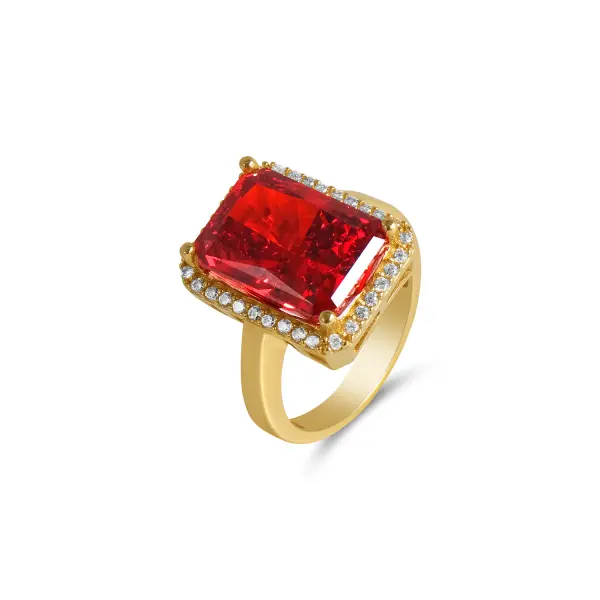 Inel aur 14K cu piatra Zirconia rosie dreptunghiulara si halo de pietre Zirconia Ruby Frame