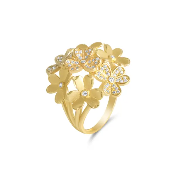 Inel aur 14K cu flori din aur galben, alb si roz, decorat cu pietre Zirconia Floral Harmony