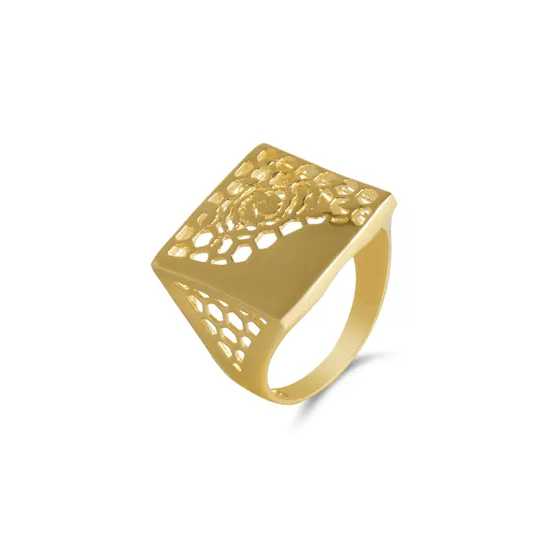 Inel aur 14K cu design patrat perforat si accente arhitecturale Golden Geometry