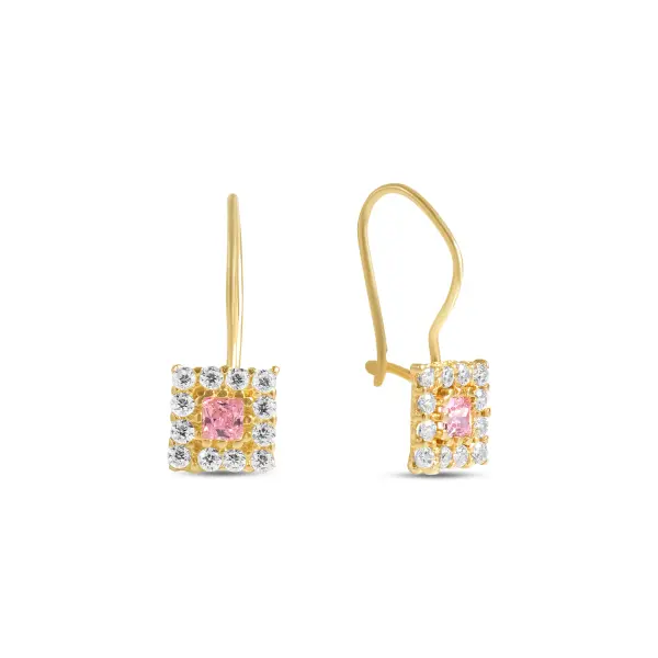 Cercei aur 14K patrati pavati cu Zirconia albe si roz Pink Radiance
