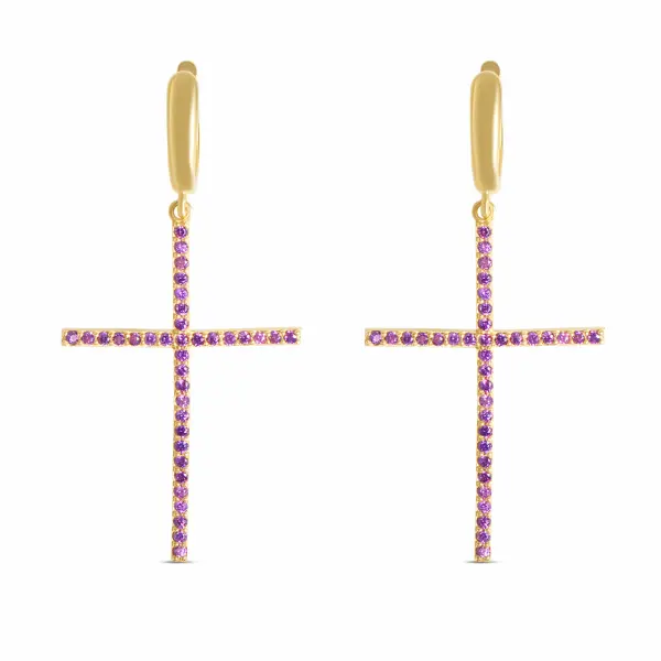 Cercei aur 14K in forma de cruce cu pietre Zirconia mov Violet Cross
