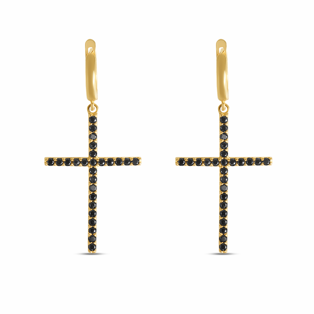 Cercei aur 14K in forma de cruce cu pietre Zirconia negre Midnight Cross
