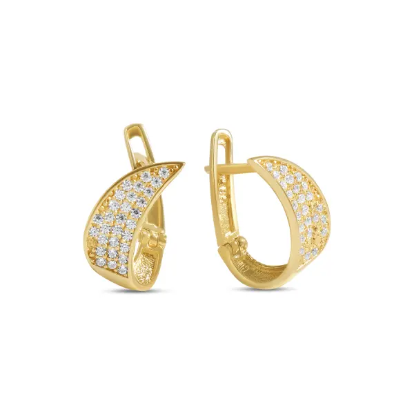 Cercei aur 14K curbati pavati cu pietre Zirconia Golden Arc Shine