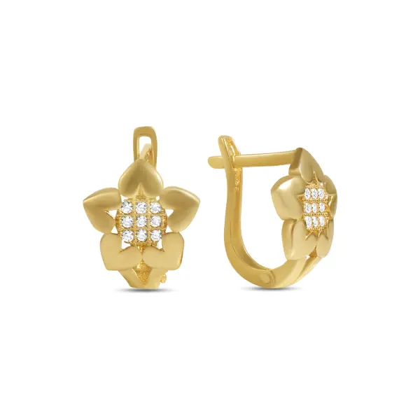 Cercei aur 14K scurti model floare cu centru din pietre Zirconia Golden Blossom