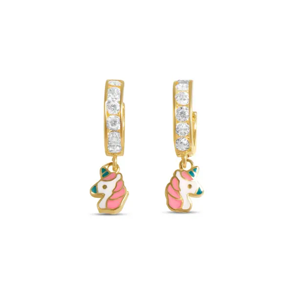 Cercei aur 14K cu email model unicorn si pietre Zirconia Magic Unicorn