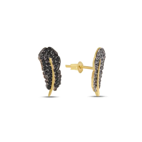 Cercei aur 14K scurti in forma de pana cu Zirconia negre Midnight Feather