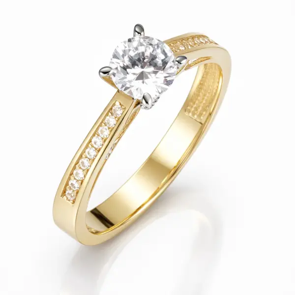 Inel aur 14K cu pietre Zirconia pavate pe margini si laterale si piatra Zirconia centrala Regal Contour