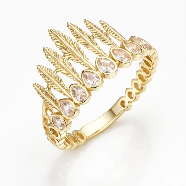 Inel aur 14K cu model pene si pietre Zirconia in forma de picatura Feather Glow Crown