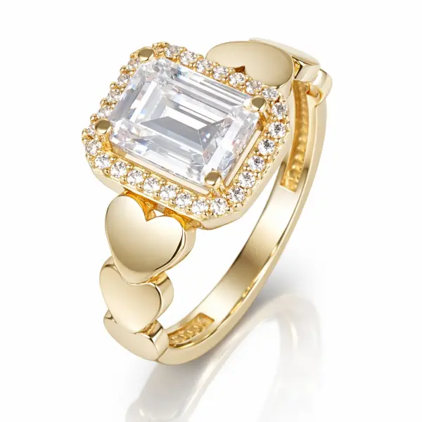Inel aur 14K cu inimioare, zirconia dreptunghiulara si halo de pietre Zirconia Heart Empress Halo