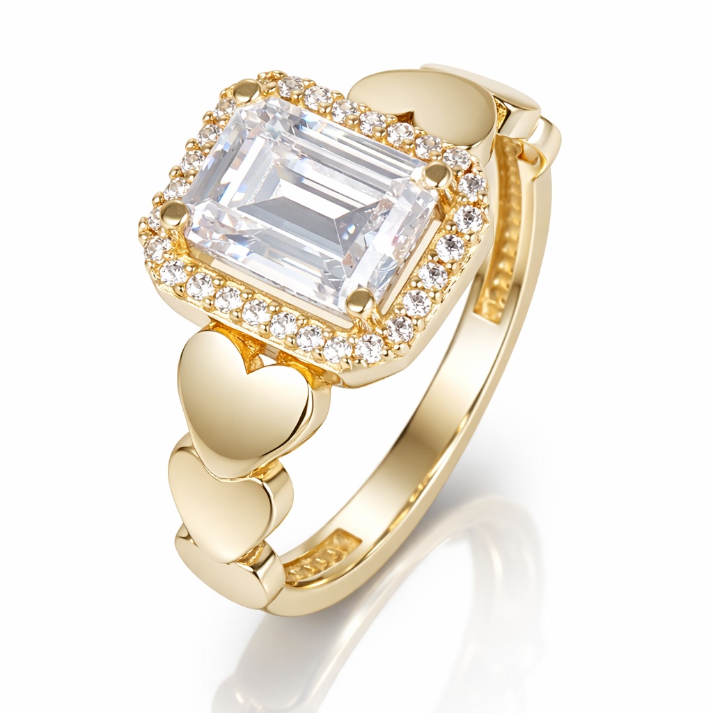 Inel aur 14K cu inimioare, zirconia dreptunghiulara si halo de pietre Zirconia Heart Empress Halo