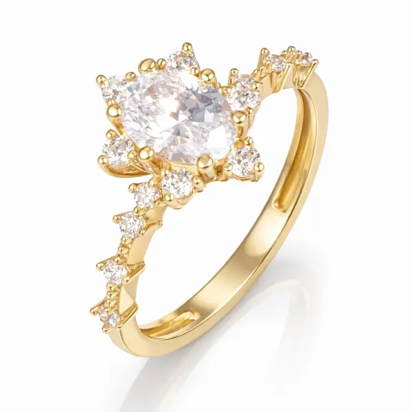 Inel aur 14K cu piatra Zirconia ovala centrala si pietre Zirconia Aurora Oval Spark