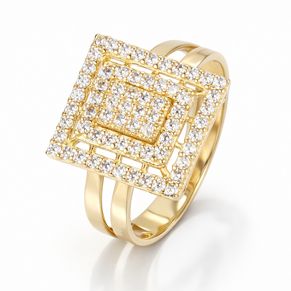 Inel aur 14K cu design dreptunghiular suprapus si pietre Zirconia Urban Frame