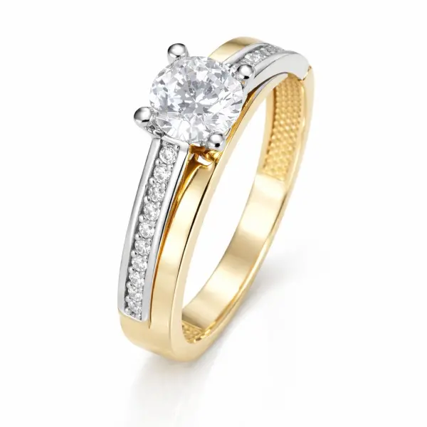 Inel aur 14K cu pietre Zirconia pavate si piatra Zirconia centrala Royal Glow