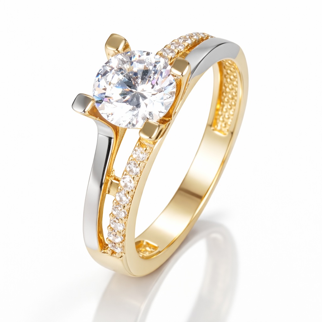 Inel aur 14K pavat cu pietre Zirconia si piatra Zirconia centrala Imperial Spark