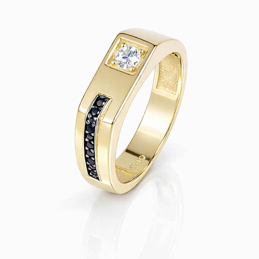 Inel aur 14K cu margine plata, piatra Zirconia si sir de pietre Zirconia negre Urban Crest