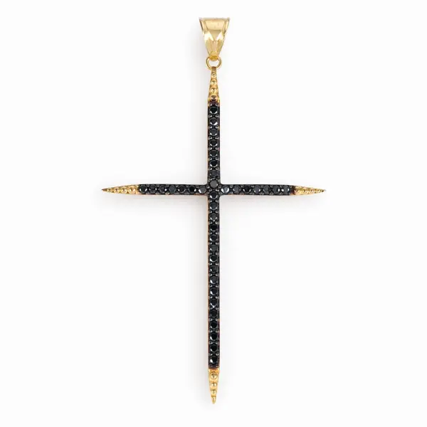 Pandantiv aur 14K in forma de cruce cu margini ascutite si pietre Zirconia negre Midnight Edge