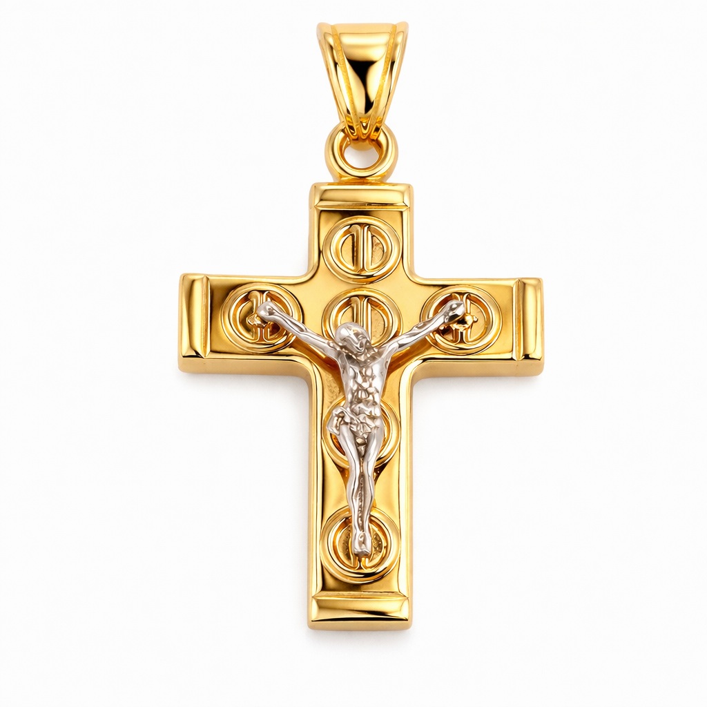 Pandantiv aur 14K in forma de cruce cu cercuri Sacred Geometry