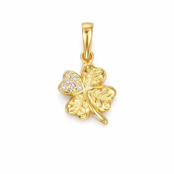 Pandantiv aur 14K in forma de trifoi cu patru foi texturat cu pietre Zirconia Lucky Bloom