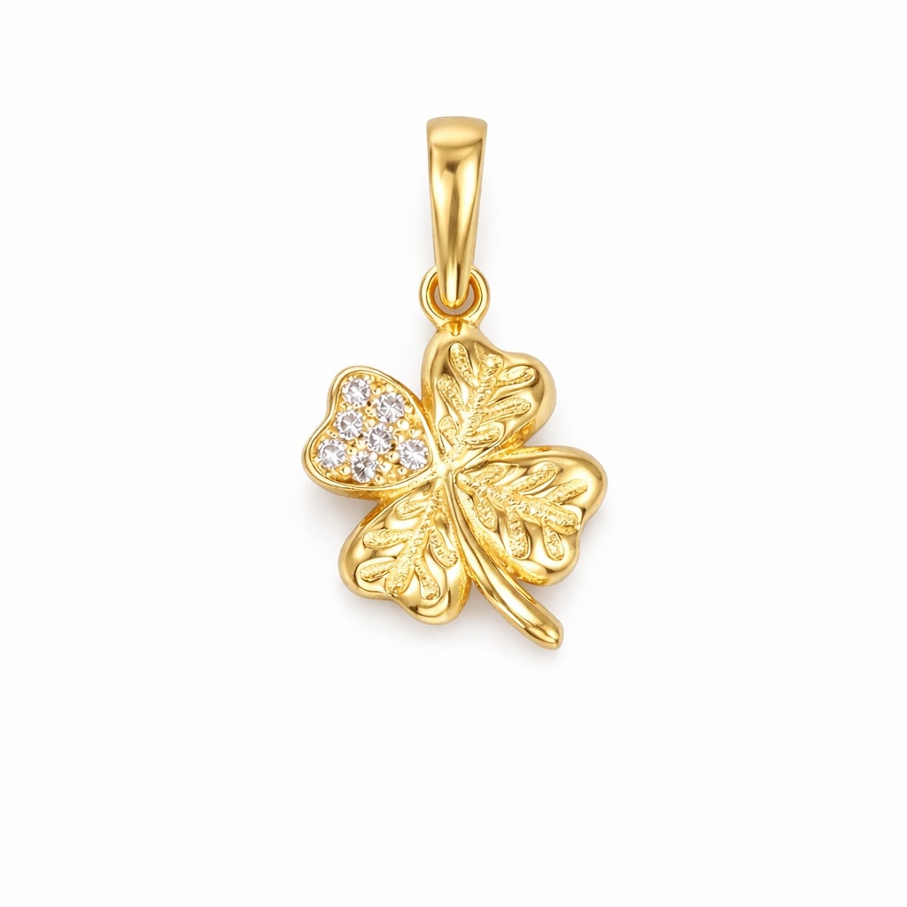 Pandantiv aur 14K in forma de trifoi cu patru foi texturat cu pietre Zirconia Lucky Bloom