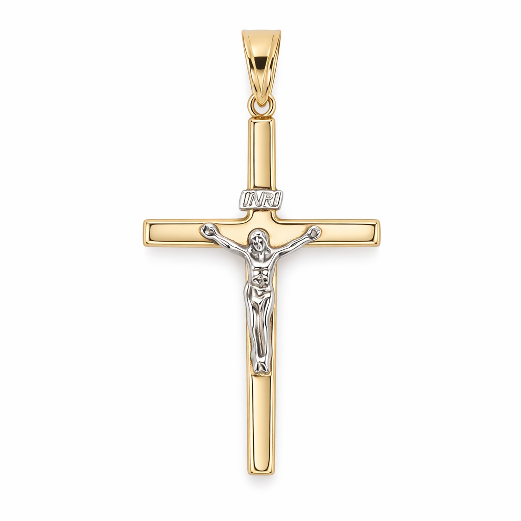 Pandantiv aur 14K in forma de cruce cu Iisus Divine Contrast