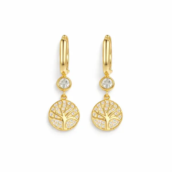 Cercei aur 14K cu banut si copac texturat cu pietre Zirconia Tree of Light Glow