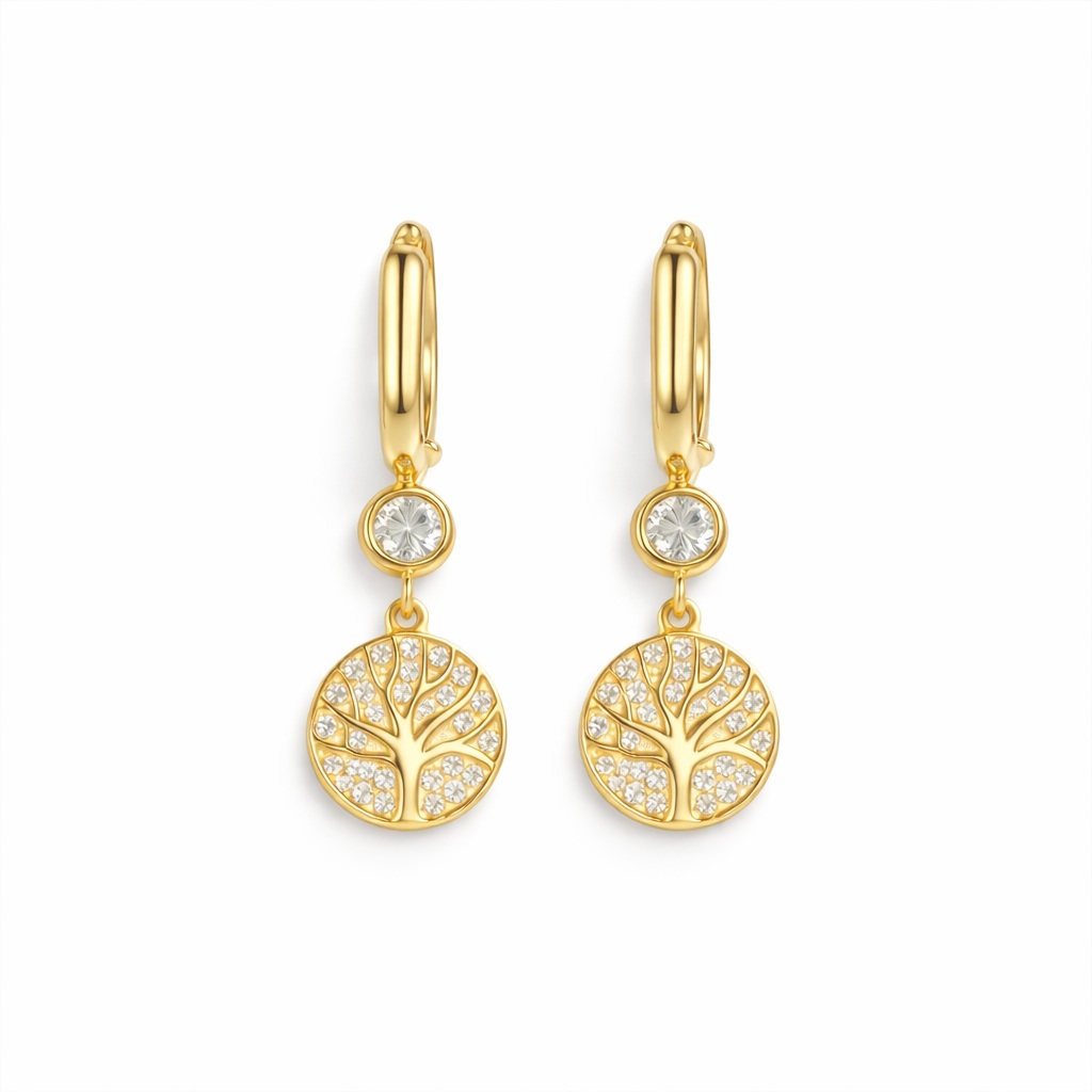 Cercei aur 14K cu banut si copac texturat cu pietre Zirconia Tree of Light Glow