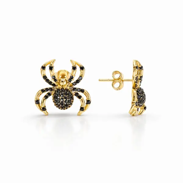 Cercei aur 14K in forma de paianjeni cu pietre Zirconia negre Black Spider Glam