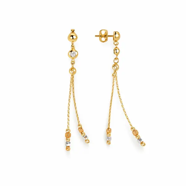 Cercei aur 14K cu fire, bile, patrate si pietre Zirconia Tri Color Spark Flow