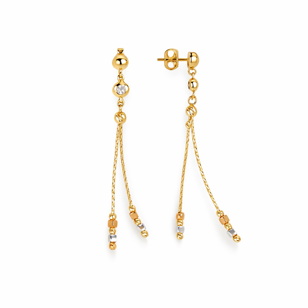 Cercei aur 14K cu fire, bile, patrate si pietre Zirconia Tri Color Spark Flow
