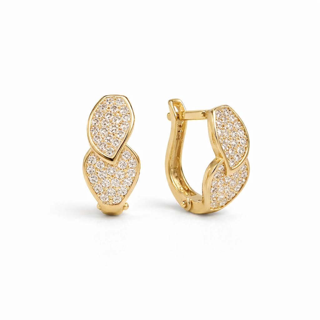 Cercei aur 14K cu frunze suprapuse si pietre Zirconia Golden Leaves Glow