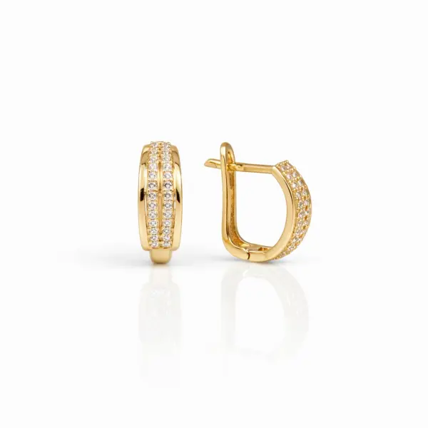 Cercei aur 14K curbati cu doua linii de pietre Zirconia Double Curve Shine