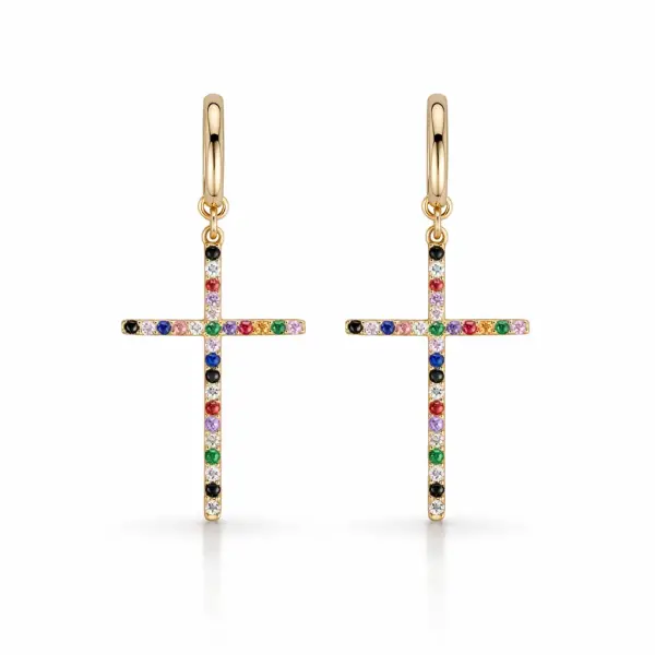 Cercei aur 14K in forma de cruce cu pietre Zirconia multicolore Rainbow Cross Glow
