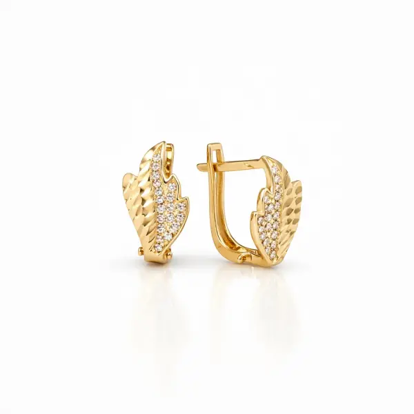 Cercei aur 14K model frunza texturata cu pietre Zirconia Leaf Sparkle