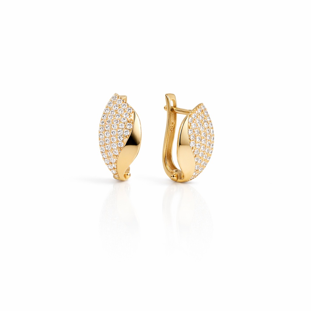 Cercei aur 14K design frunza cu finisaj lucios si pietre Zirconia Golden Leaf Radiance