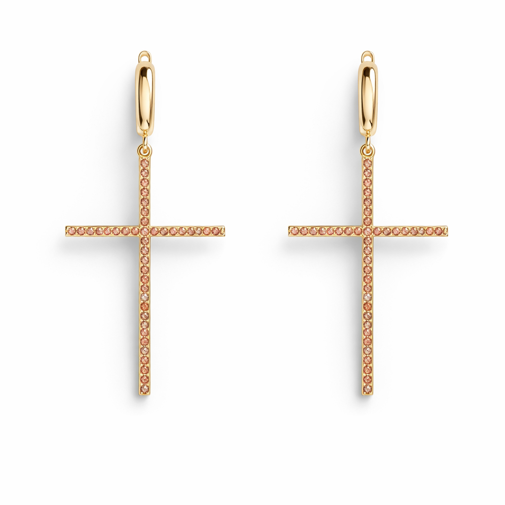 Cercei aur 14K model cruce cu pietre Zirconia portocalii Sunset Cross Glow