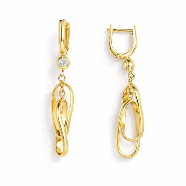 Cercei aur 14K cu zale lungi indoite si pietre Zirconia Fluid Chain Glow
