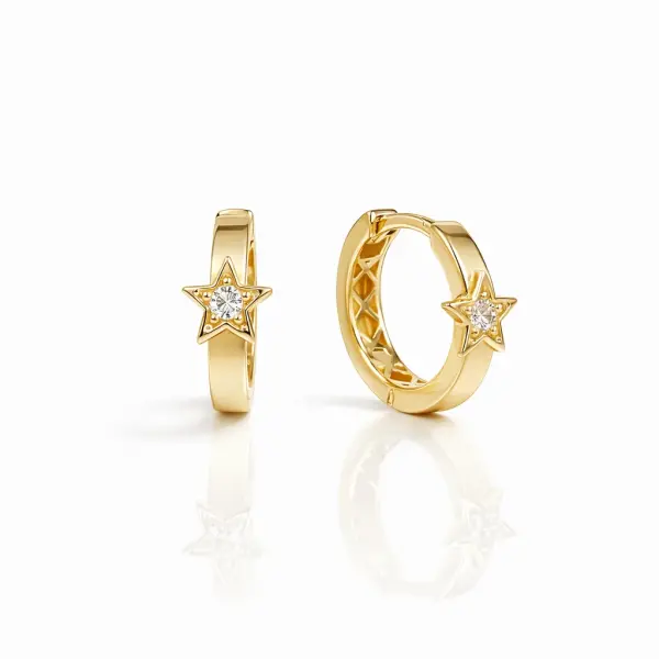 Cercei aur 14K rotunzi cu margini drepte si stea cu piatra Zirconia Starline Glow