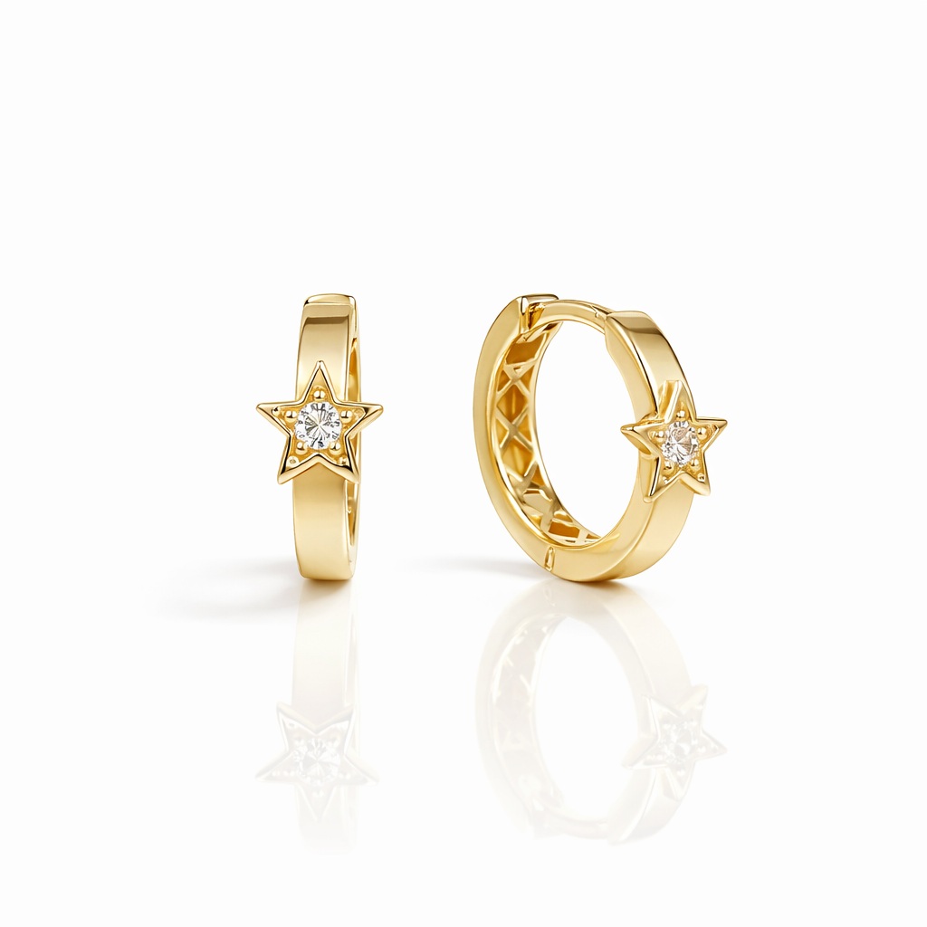 Cercei aur 14K rotunzi cu margini drepte si stea cu piatra Zirconia Starline Glow