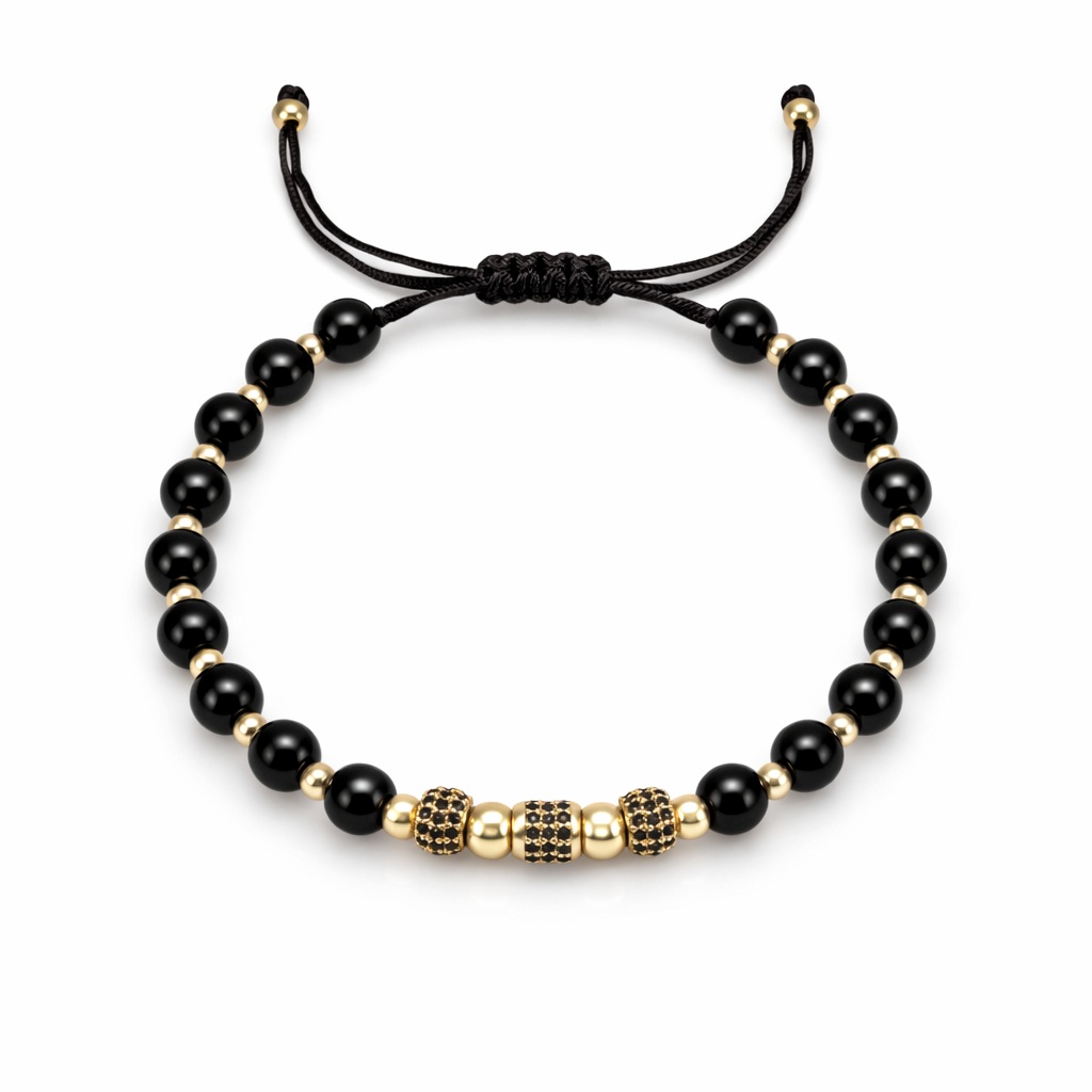 Bratara aur 14k cu snur, bile din aur si elemente cu pietre Zirconia negre Midnight Sphere Glow