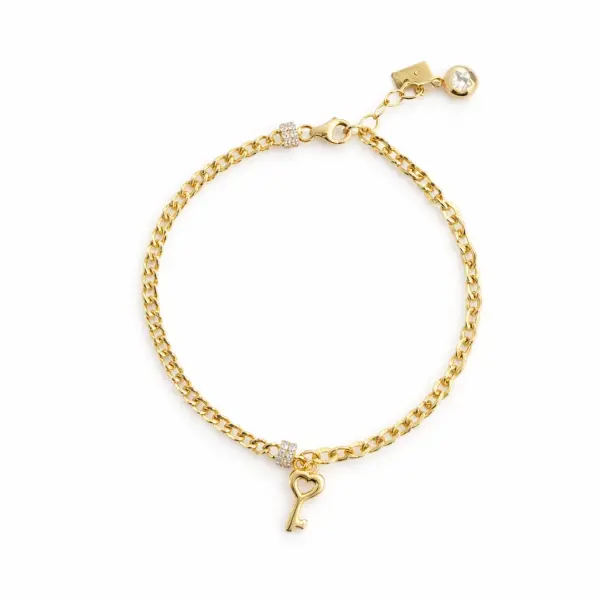 Bratara aur 14K 2 randuri cu zale diferite si pandantiv cheie cu inima si pietre Zirconia Secret Heart Key