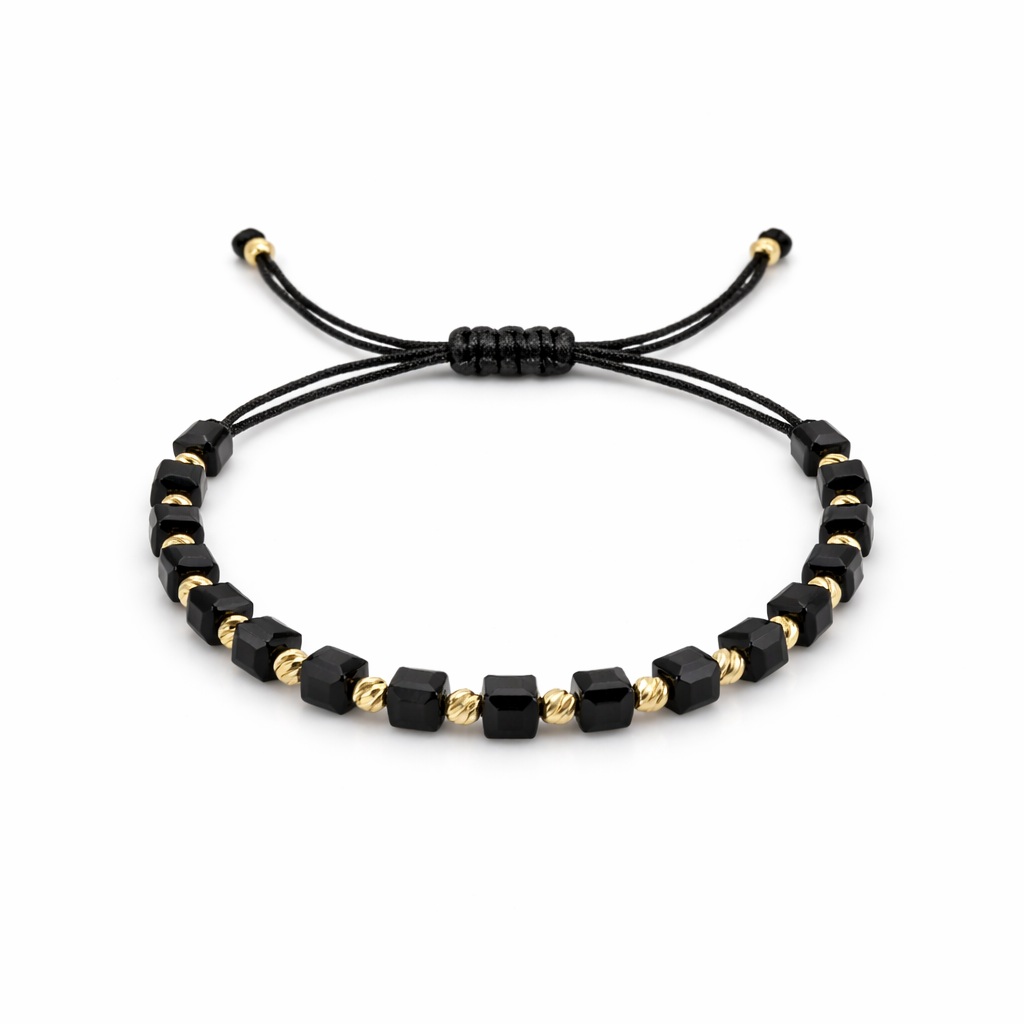 Bratara aur 14k cu snur, bile texturate din aur si cuburi negre Midnight Cube Rhythm