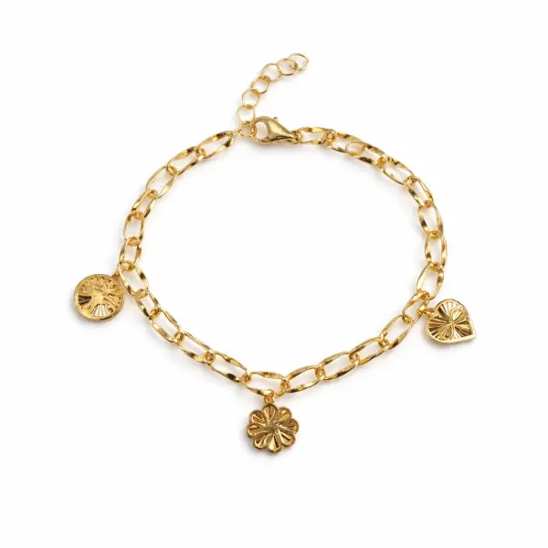 Bratara aur 14K cu pandantiv inima floare si cerc si zale rasucite Golden Charms Story