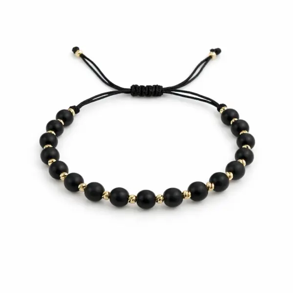 Bratara aur 14k cu snur, bile negre si bile din aur texturate Black Gold Balance