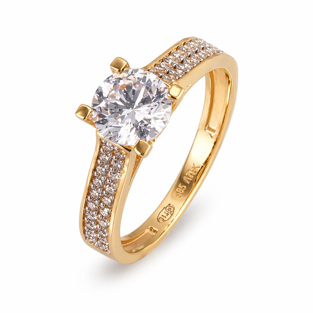 Inel aur 14K cu doua randuri de pietre Zirconia pavate si piatra centrala Zirconia Double Radiance