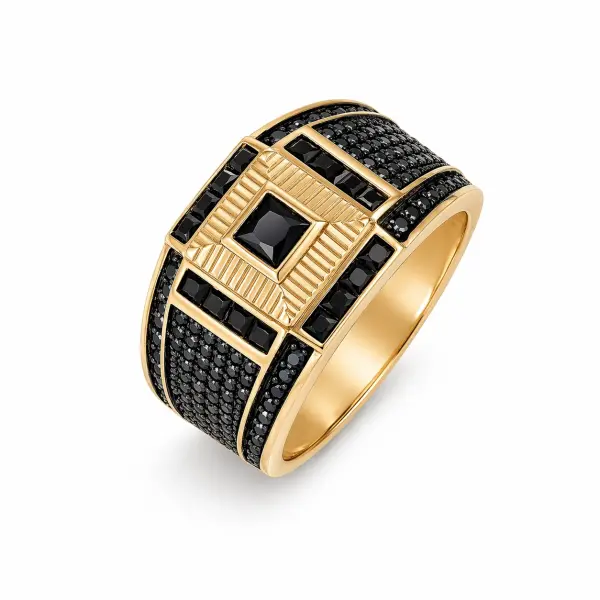 Inel aur 14K pavat cu pietre Zirconia negre Obsidian Grid Crown