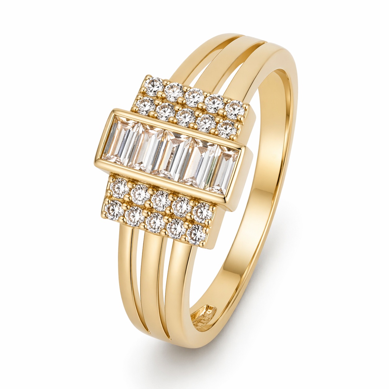 Inel aur 14K cu pietre Zirconia rotunde si dreptunghiulare Radiant Geometry